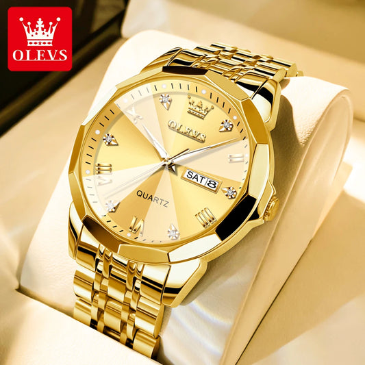 OLEVS Men's Luxury Gold Stainless Steel Quartz Watch