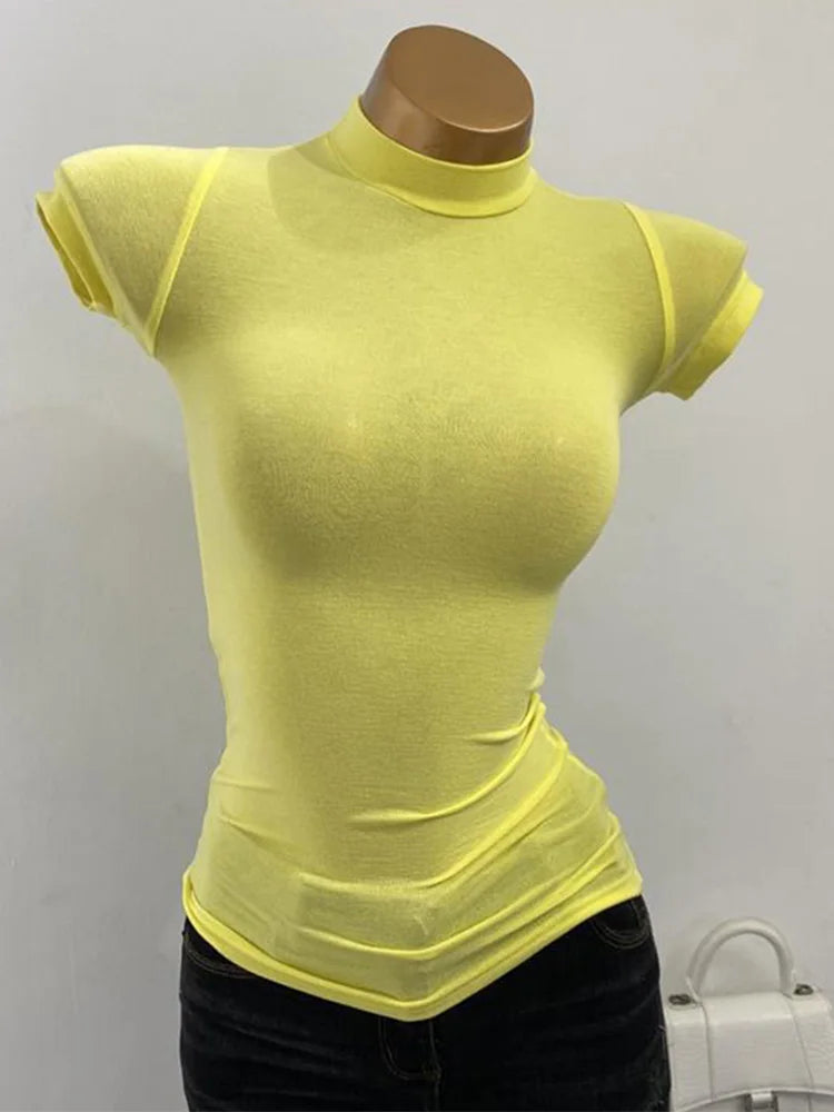 Women's Sheer Mock Neck Slim T-Shirt
