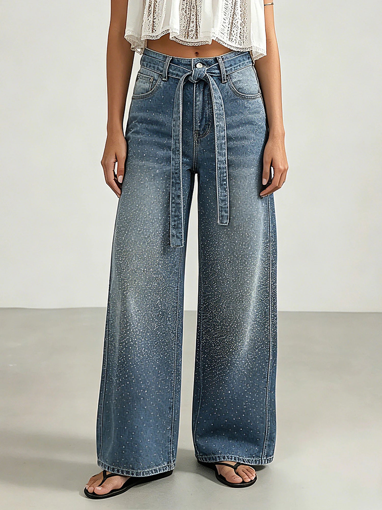 Women Rhinestone High Waist Jeans