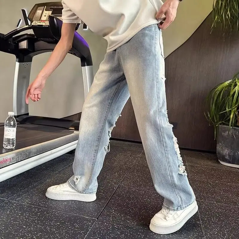 Men's ripped wide leg jeans