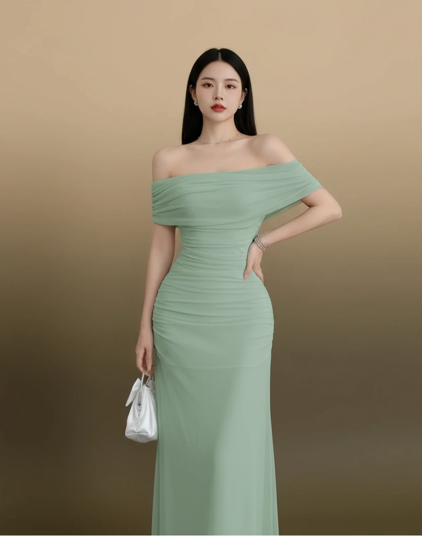 Off Shoulder Ruched Waist Maxi Dress