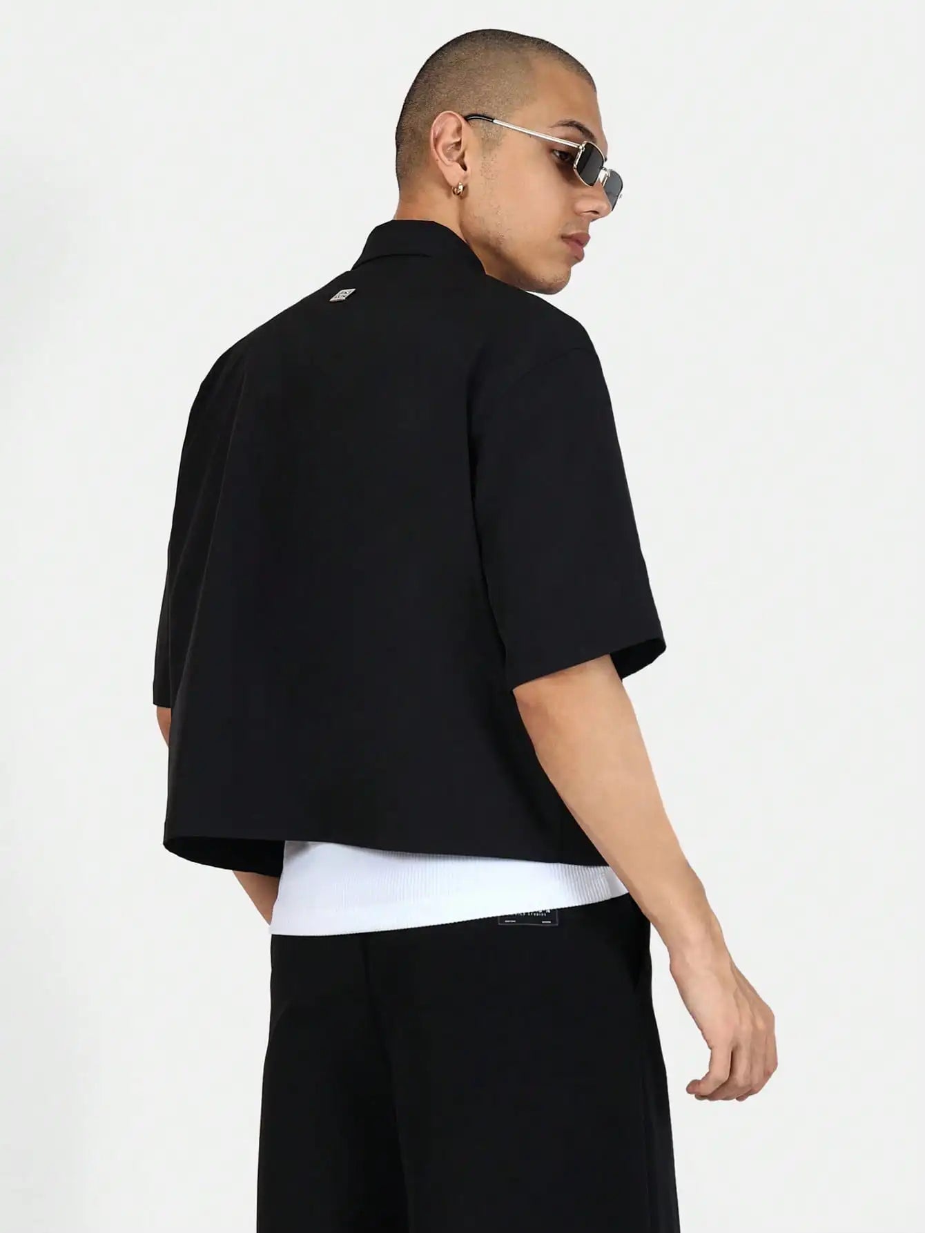 Men Black Button Down Crop shirt