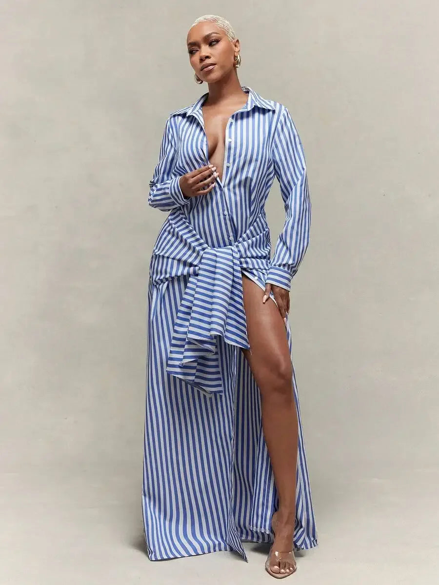 Women Striped Tie Waist Maxi Shirt Dress