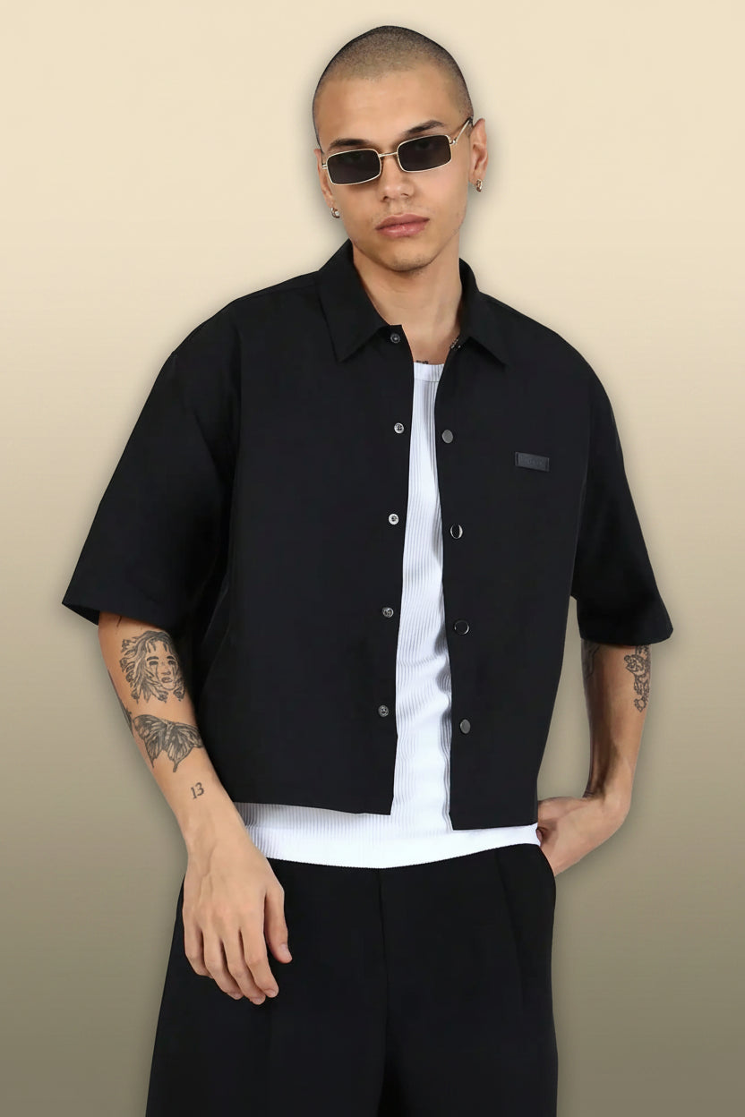 Men Black Button Down Crop shirt