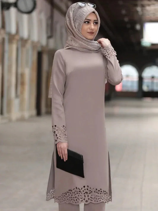 Turkey Muslim Women Long Dress Hollow Kaftan Abaya Islamic Clothing