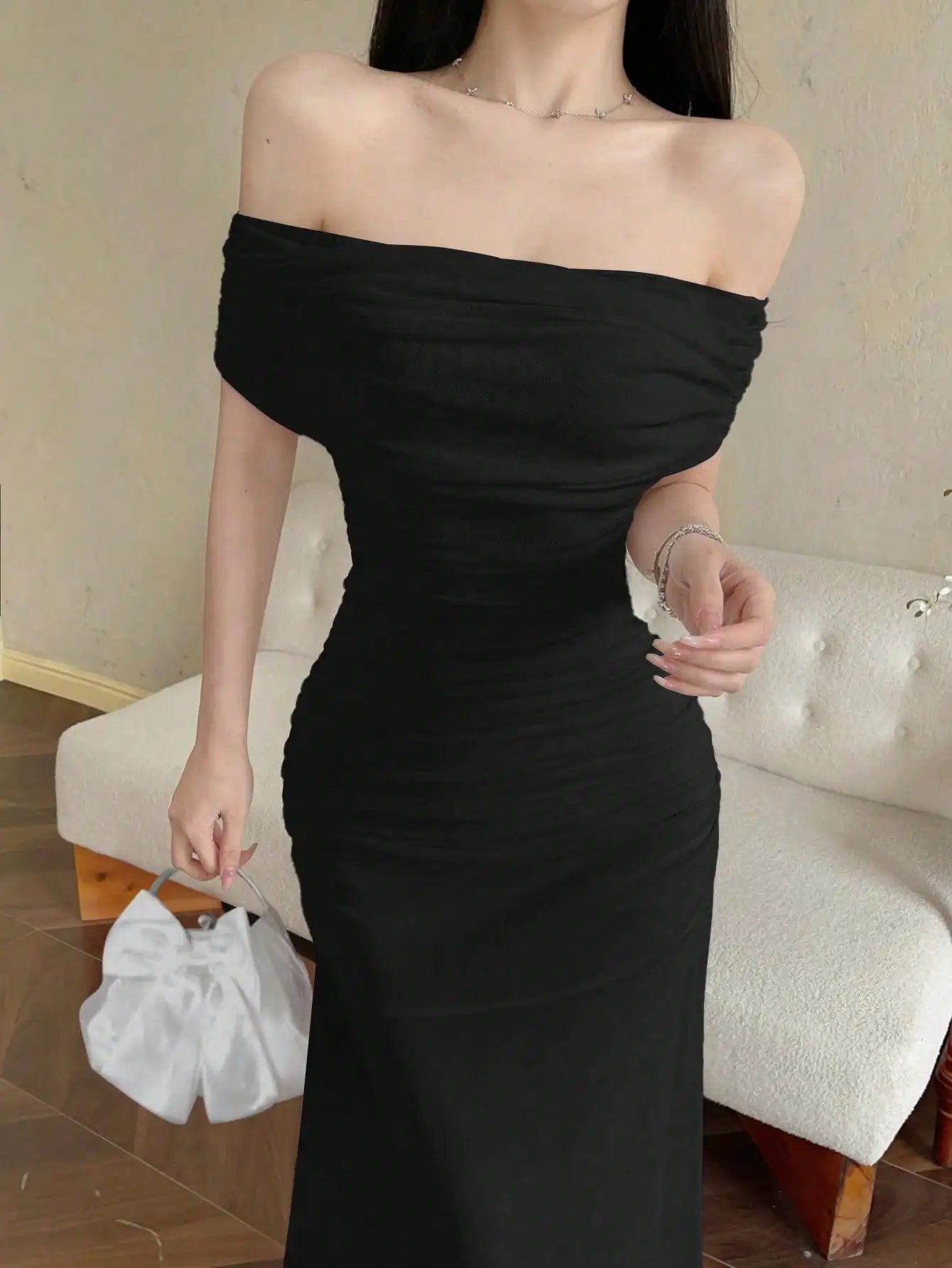 Off Shoulder Ruched Waist Maxi Dress