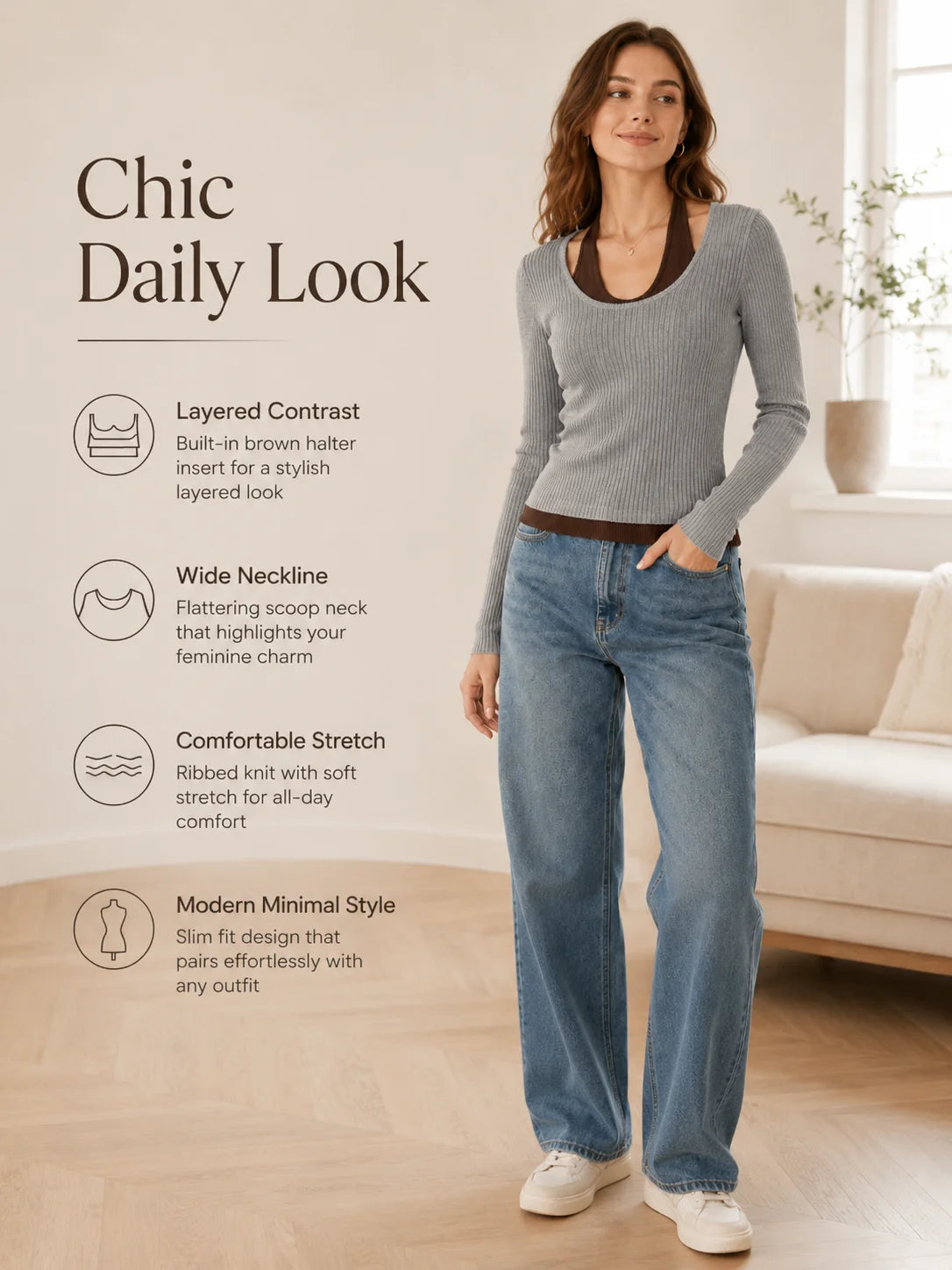 Women’s 2-in-1 Ribbed Knit Slim Fit Top