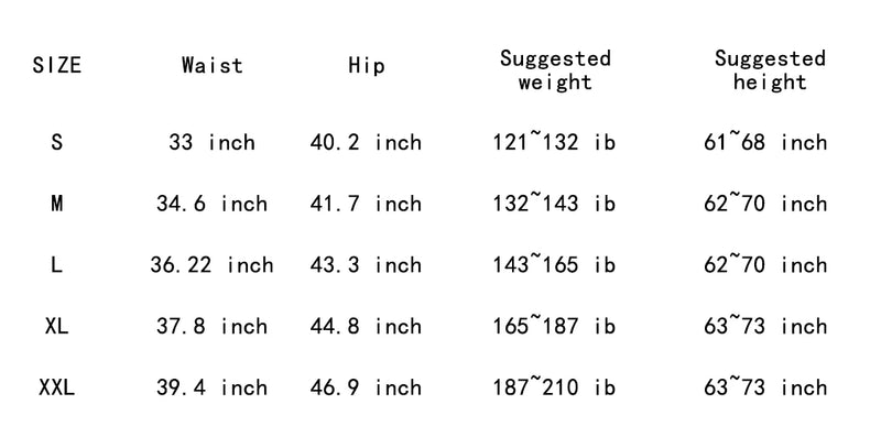 Size guide for Men's Streetwear Cargo Parachute Pants