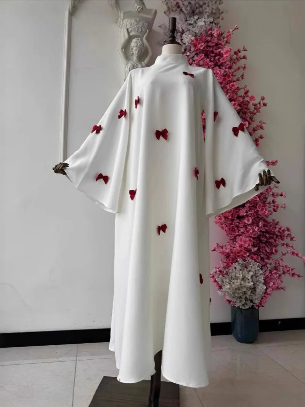 Women Bow Abaya Long Dress Ramadan Kaftan Moroccan Robe