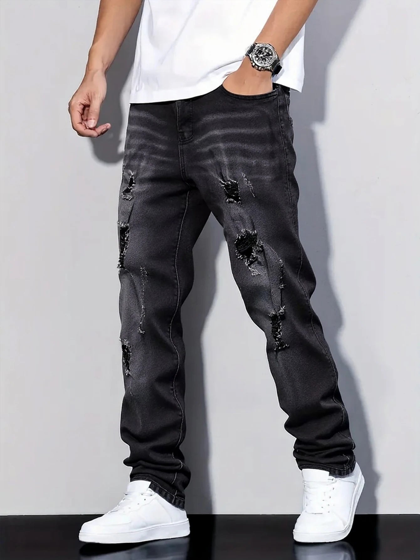 Black Gray Distressed Jeans