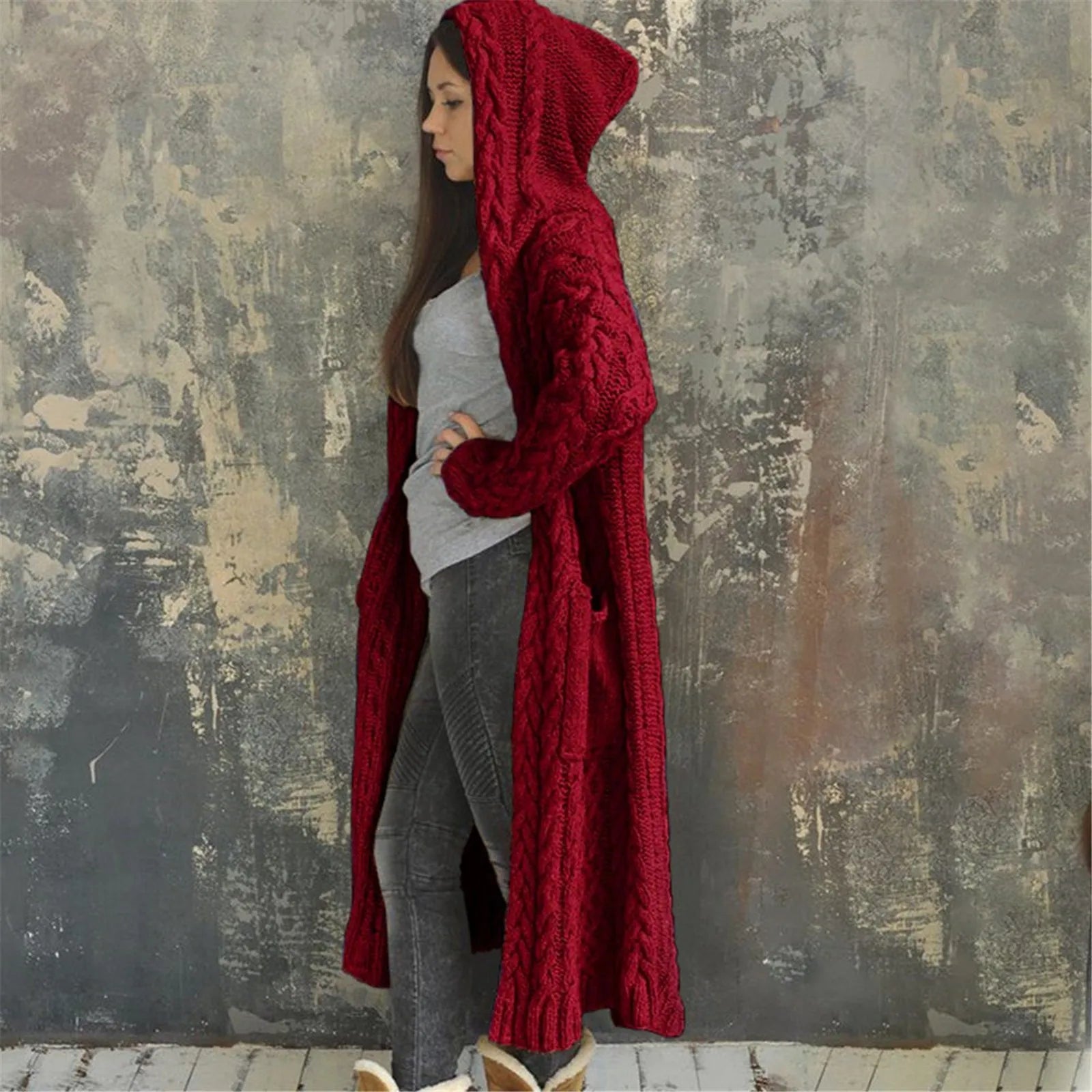 Hooded Long Cable Cardigan