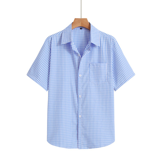 Men’s Summer Blue Plaid Short Sleeve Button-Up Shirt