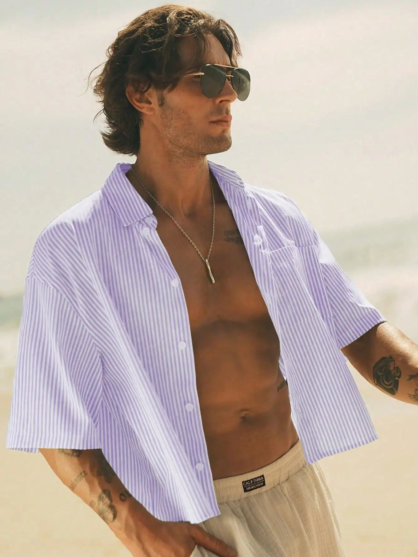 Men Blue White Striped Camp Collar Shirt