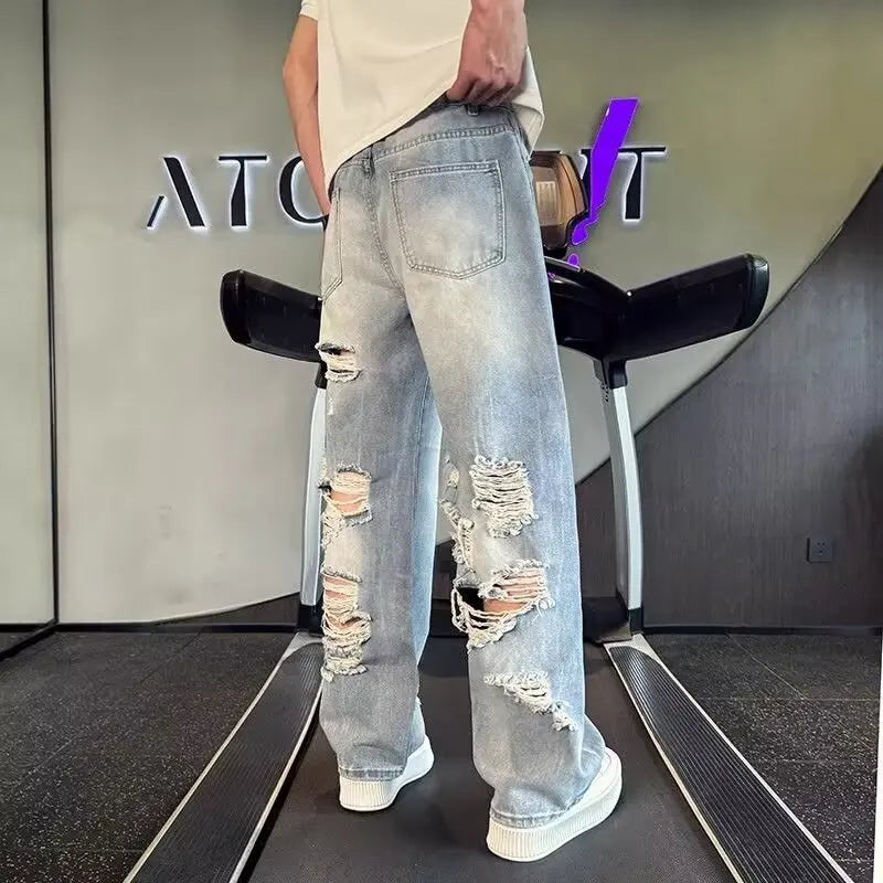 Men's ripped wide leg jeans