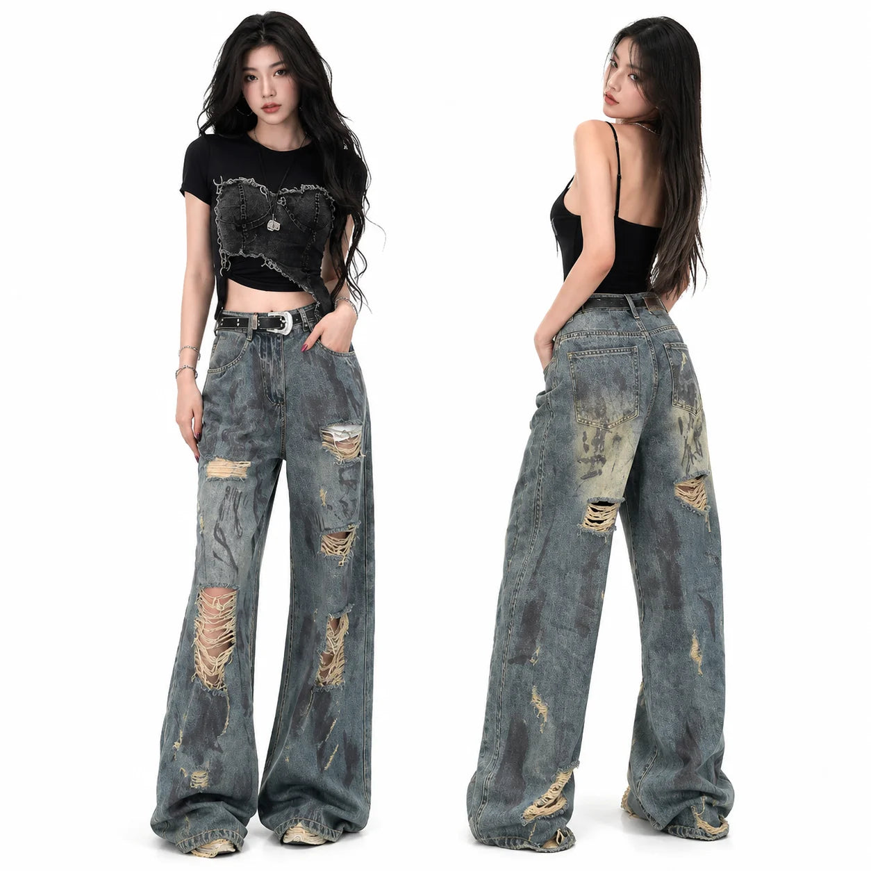 Women’s High Waist Wide Leg Ripped Jeans