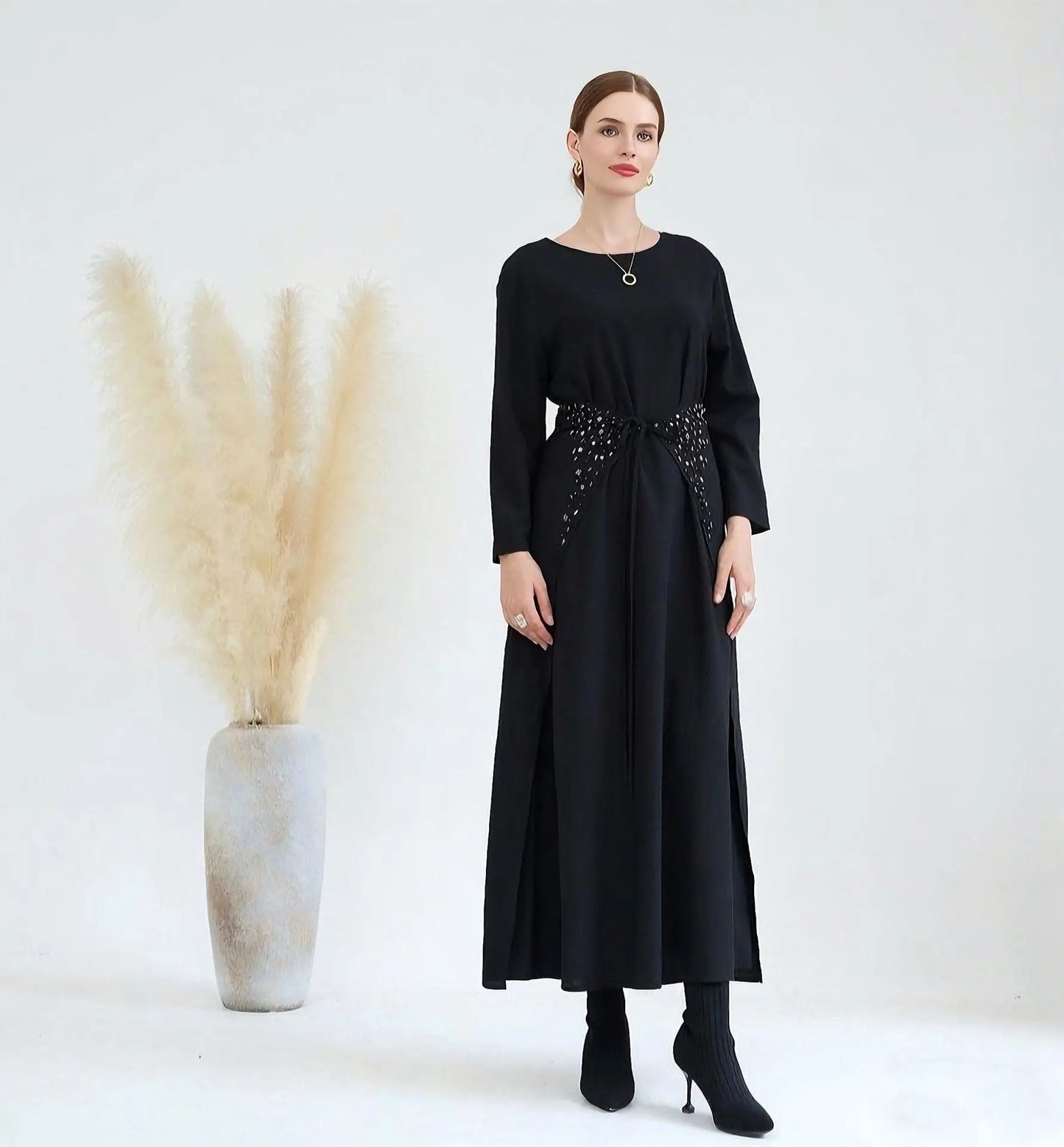 3-Piece Women’s Black Abaya Set with Hijab Modest Kaftan Robe