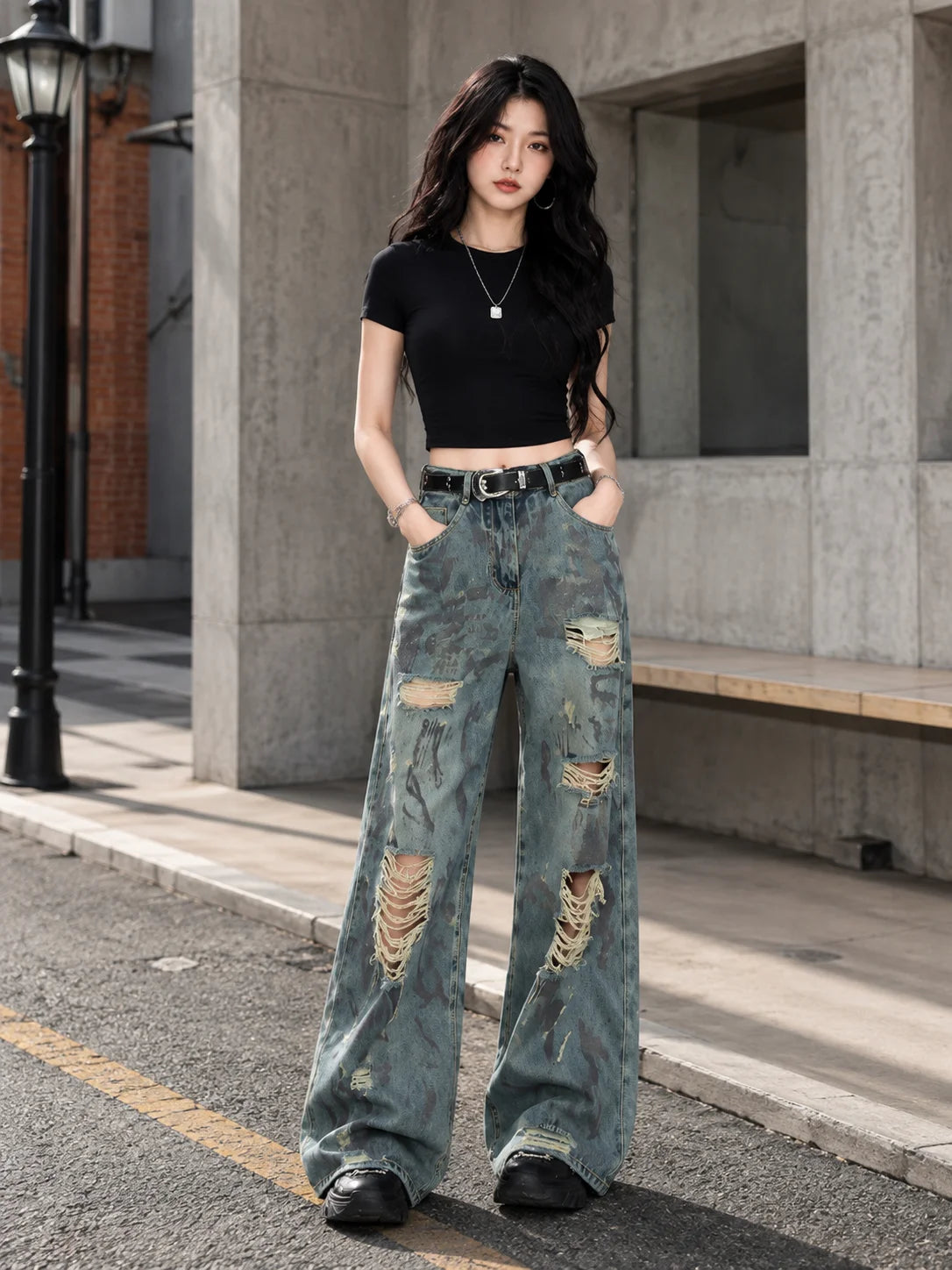 Women’s High Waist Wide Leg Ripped Jeans