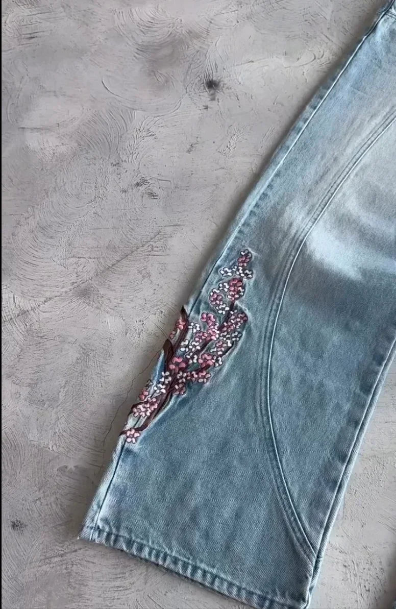 Y2K Cherry Blossom Embroidered Wide-Leg Jeans