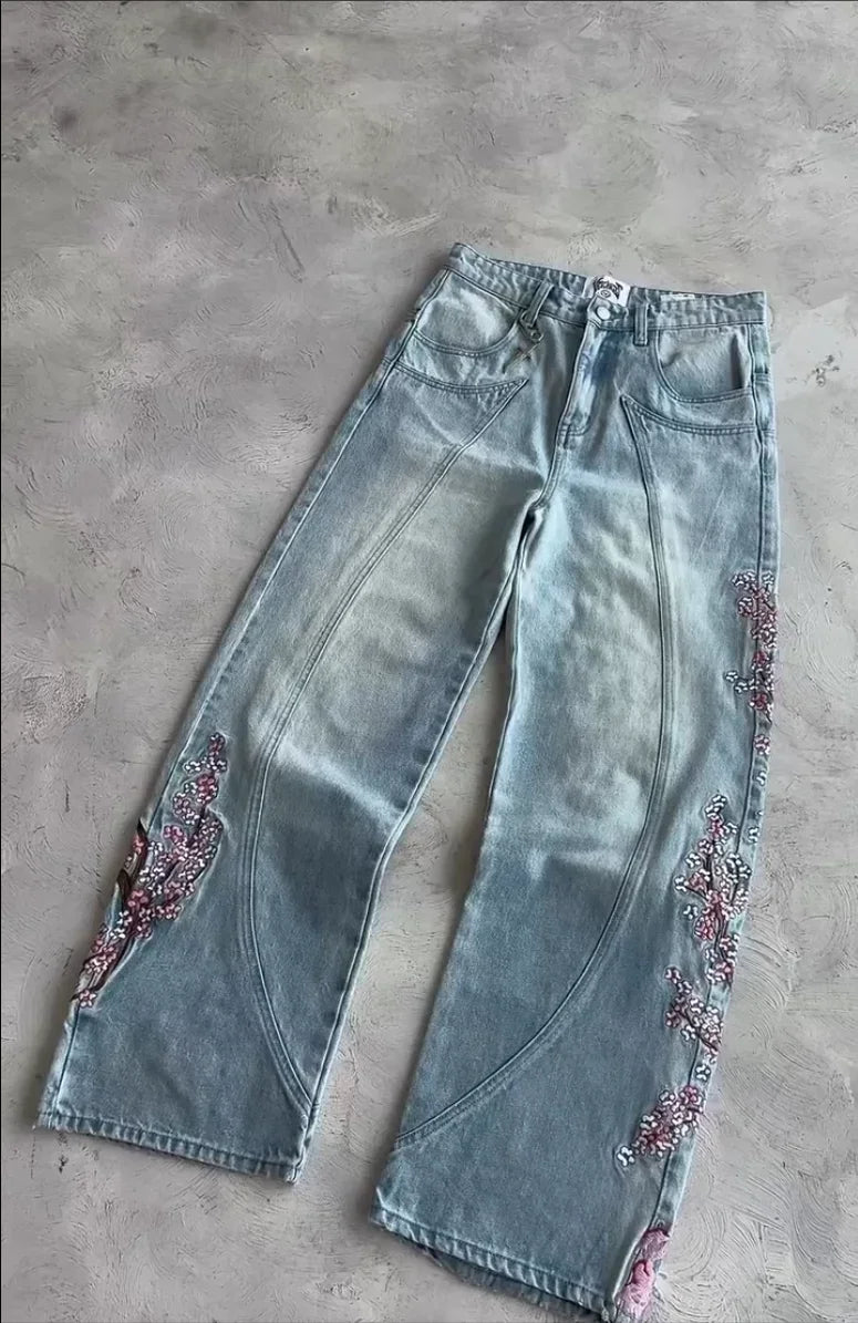 Y2K Cherry Blossom Embroidered Wide-Leg Jeans
