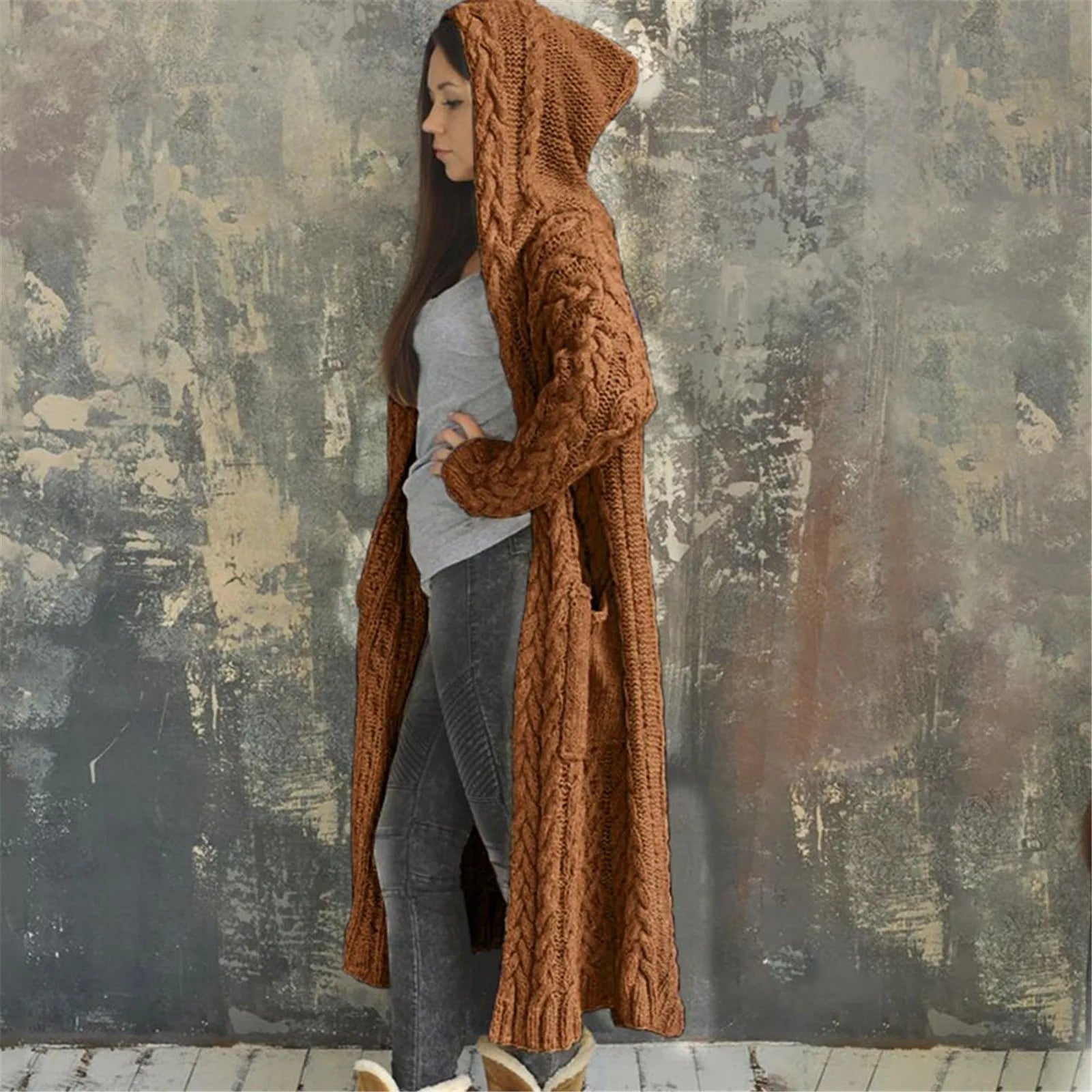 Hooded Long Cable Cardigan