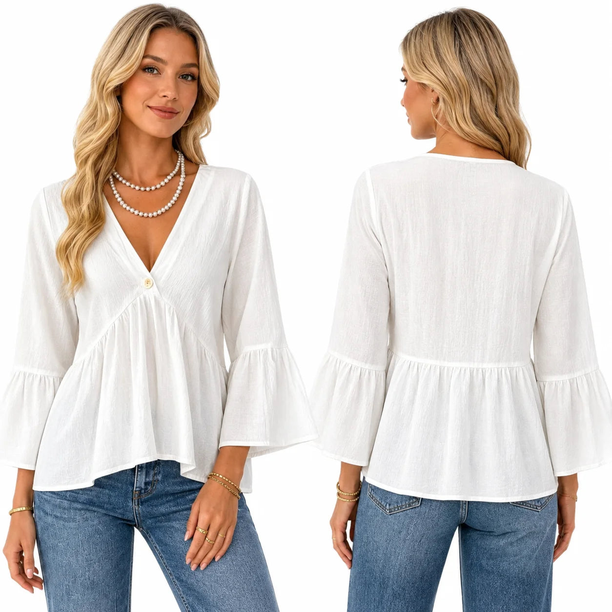 Women’s V-Neck Bell Sleeve Loose Fit Blouse