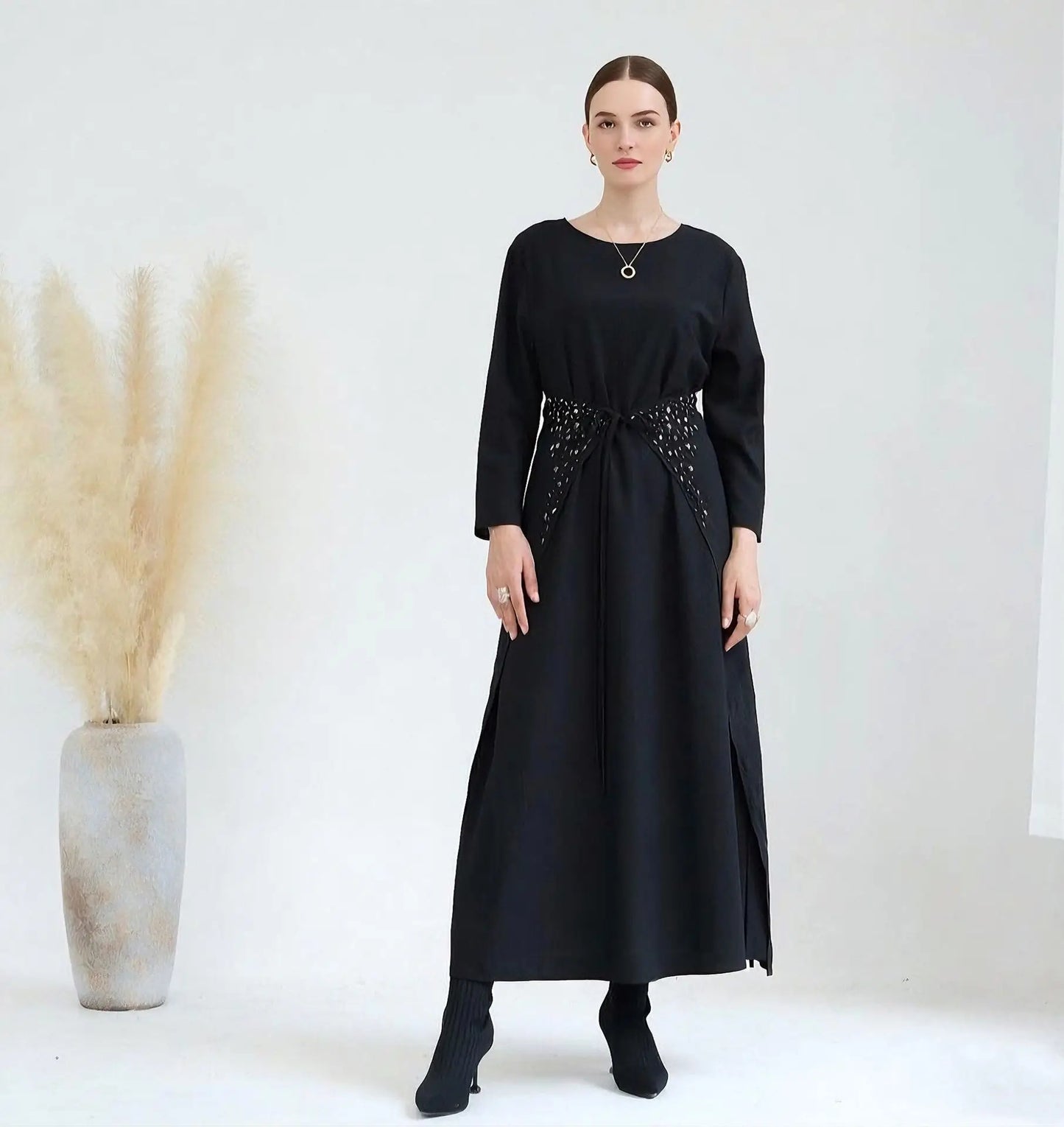 3-Piece Women’s Black Abaya Set with Hijab Modest Kaftan Robe