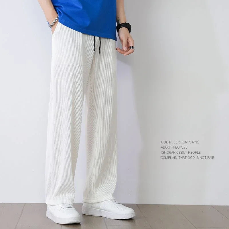 Men’s Summer White Ice Silk Wide-Leg Casual Pants