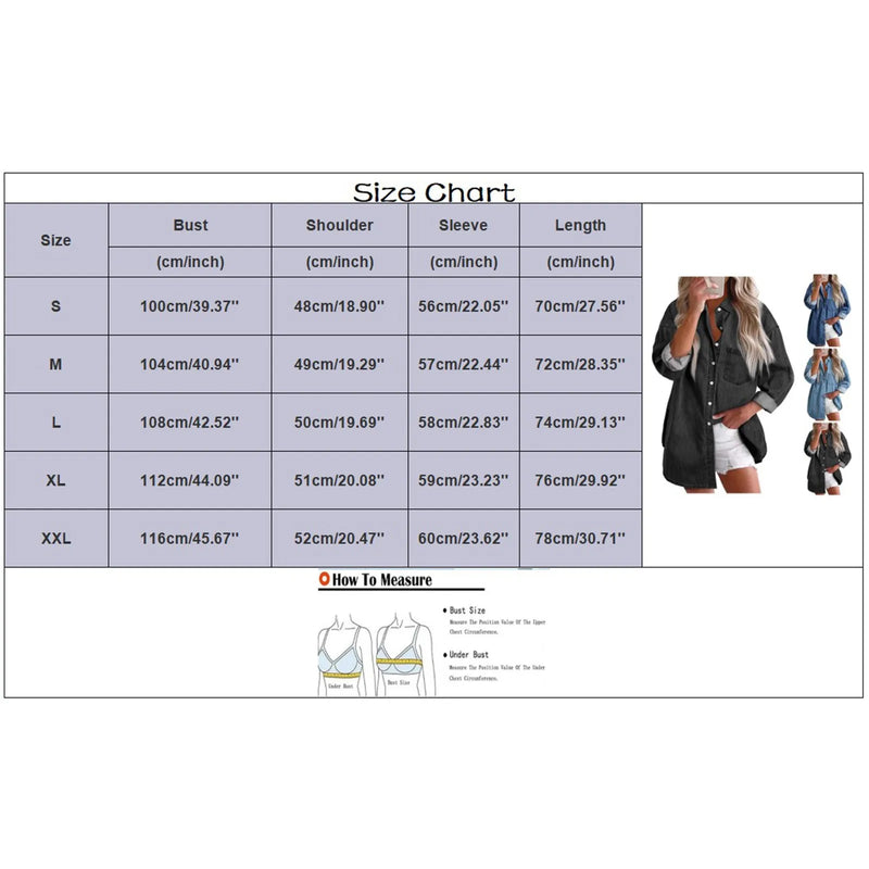 Size guide for Women Denim Button Down Shirt