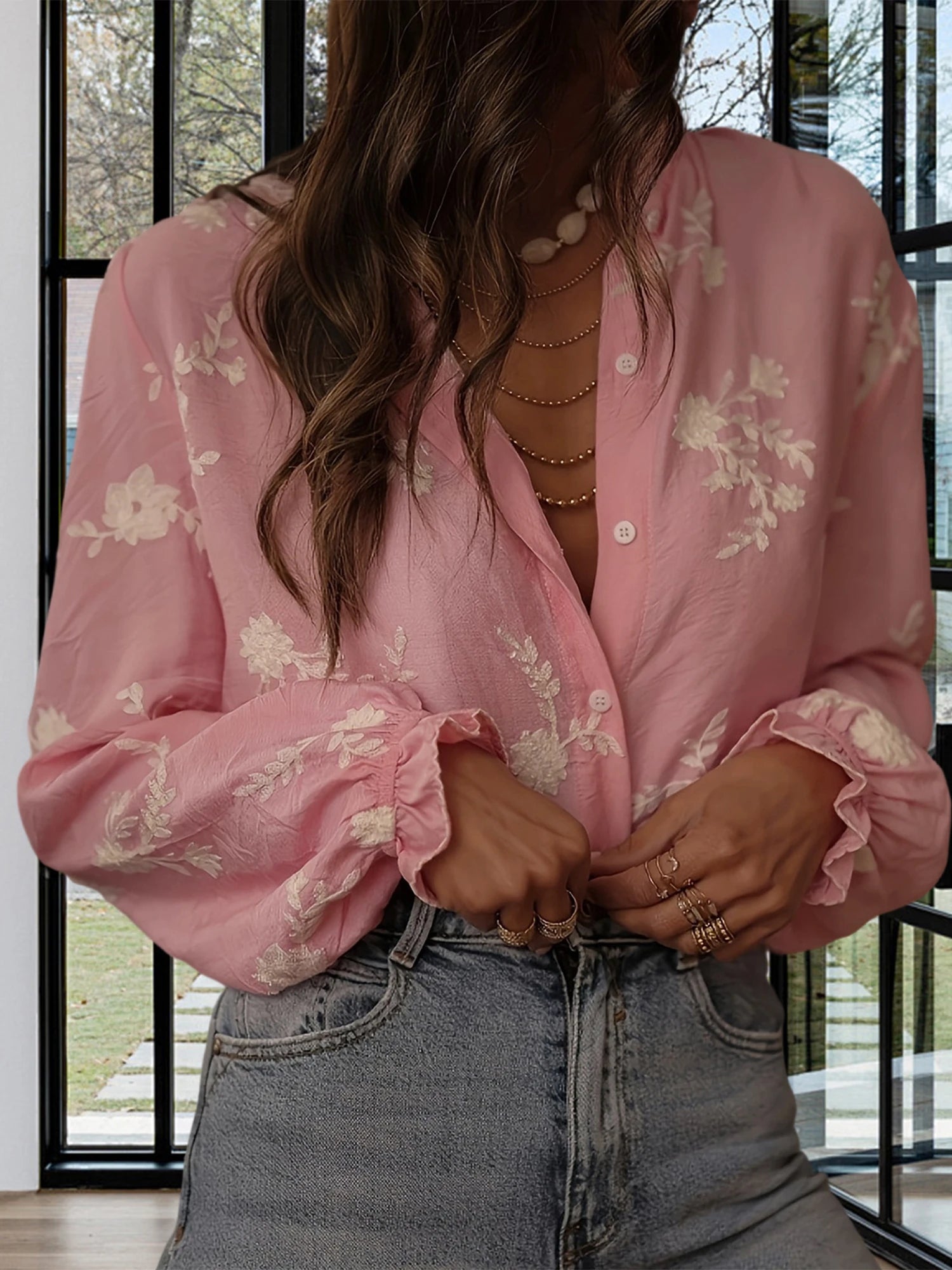 Oversized Floral Embroidered Shirt