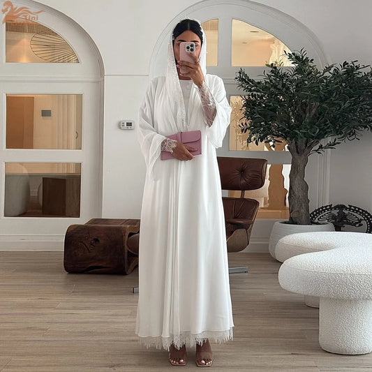 Dubai White Open Abaya with Hijab Scarf