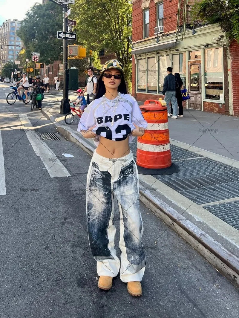 Retro Print High Waist White Jeans