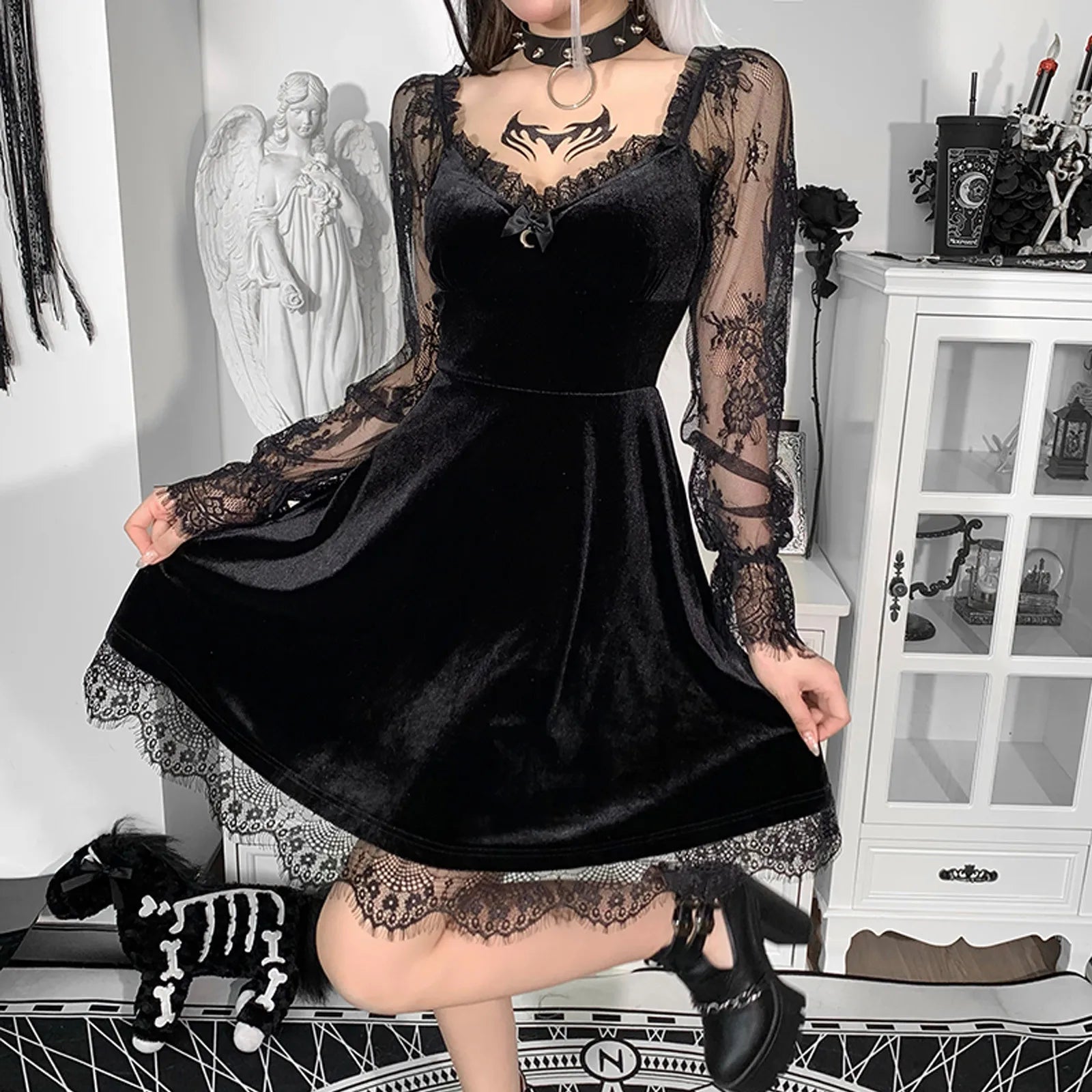 Mesh Velvet Mini Dress