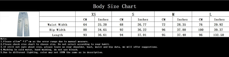 Size guide for Women Elegant Ripped Denim Pants