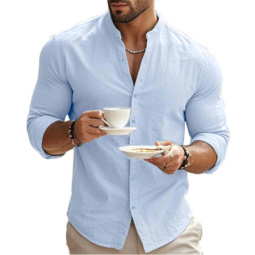 Men's Cotton Linen Slim Fit Henry Shirt