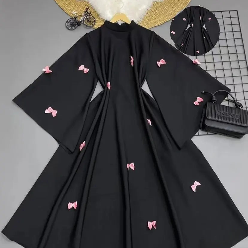 Women Bow Abaya Long Dress Ramadan Kaftan Moroccan Robe