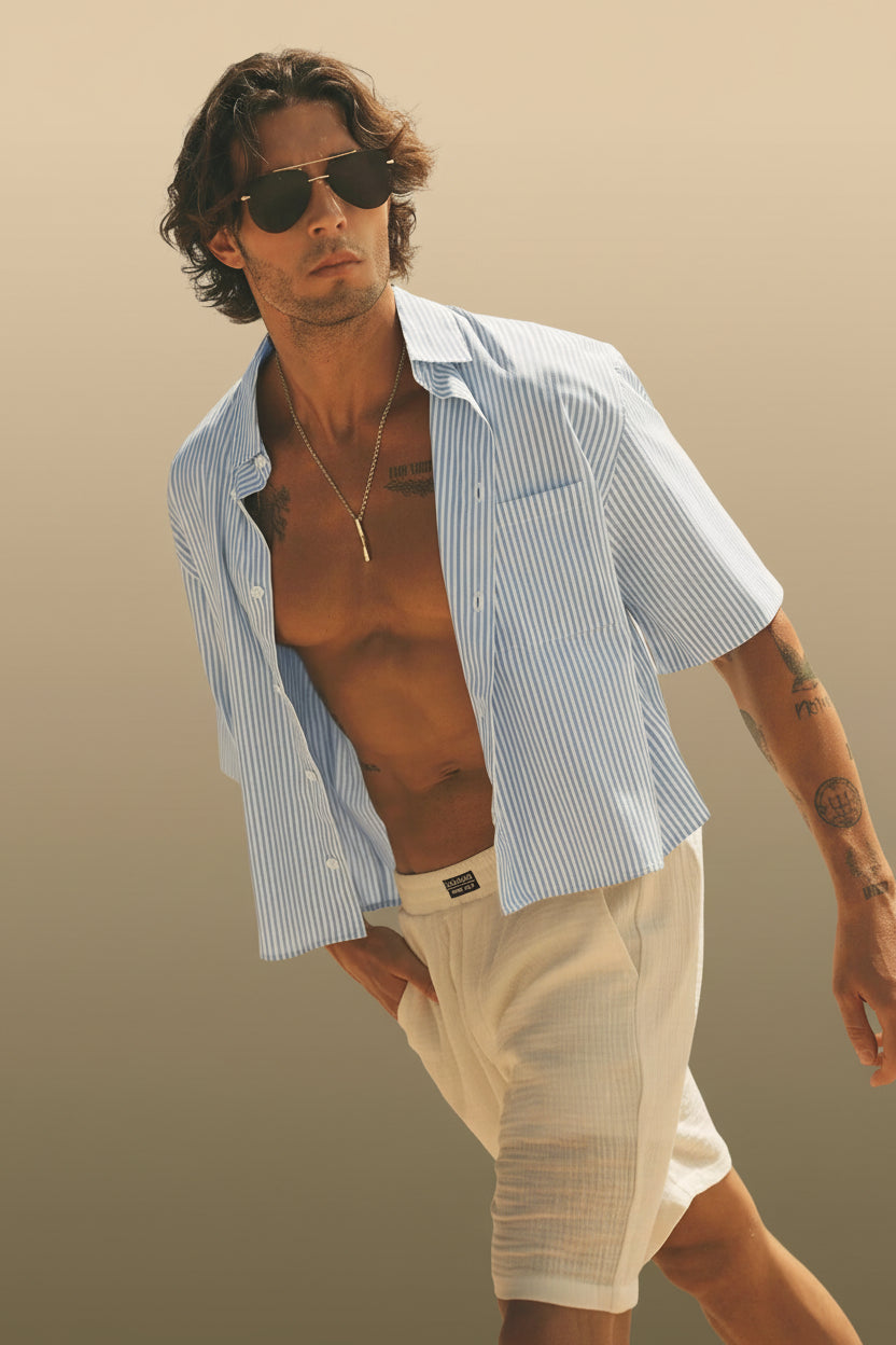 Men Blue White Striped Camp Collar Shirt