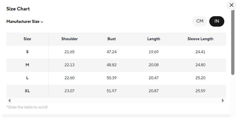 Size guide for Men’s Black PU Jacket