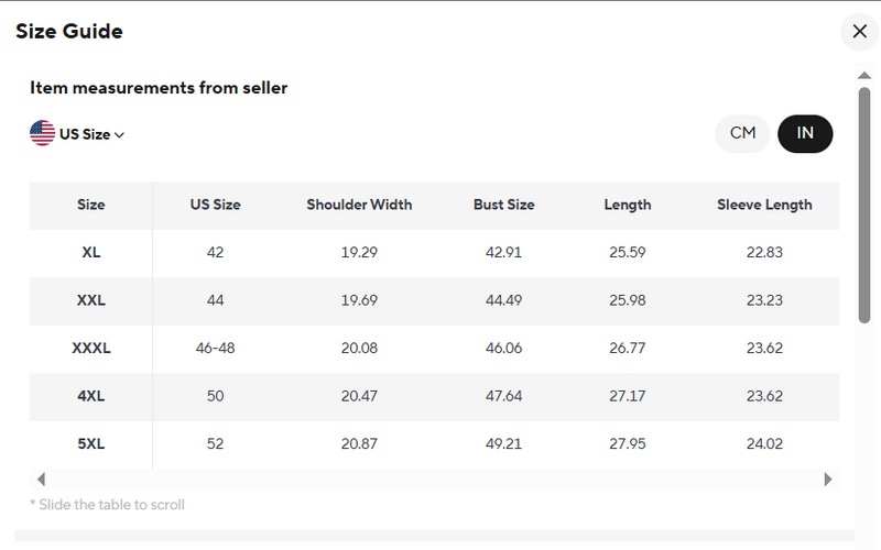 Size guide for Synthetic Leather Jacket
