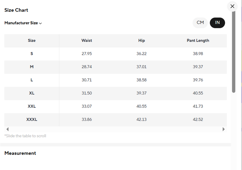 Size guide for Streamer Cargo Jeans