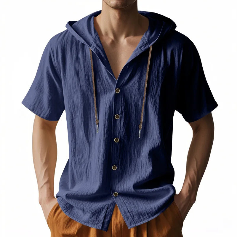 Men Short Sleeve Hooded Button Shirt