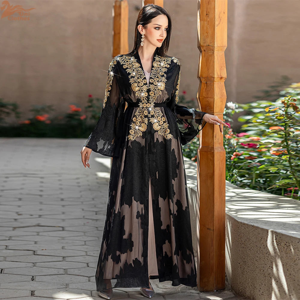 Fashion Lace Embroidered 2-Piece Abaya Kaftan for Women Ramadan Dubai Caftan