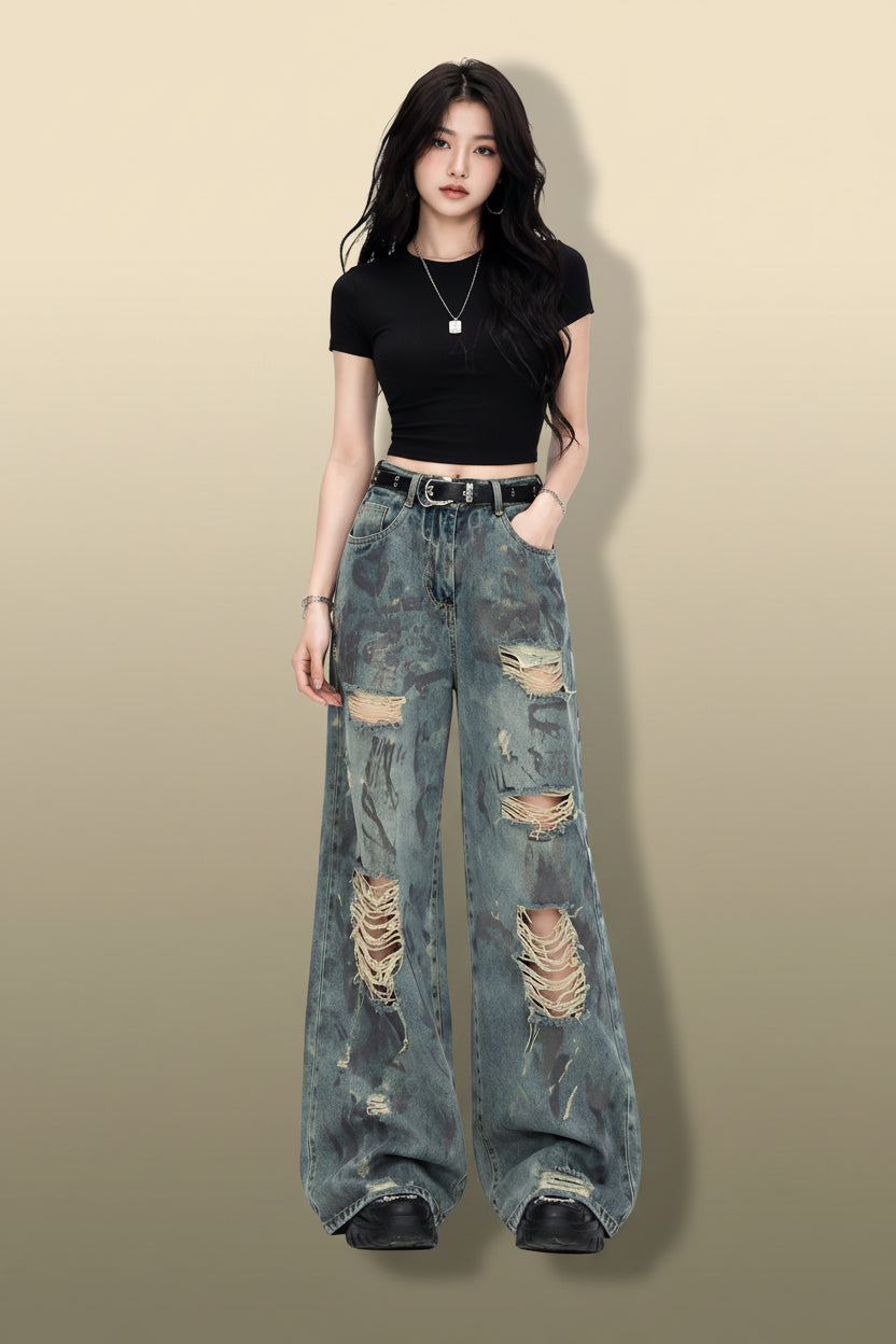 Women’s High Waist Wide Leg Ripped Jeans