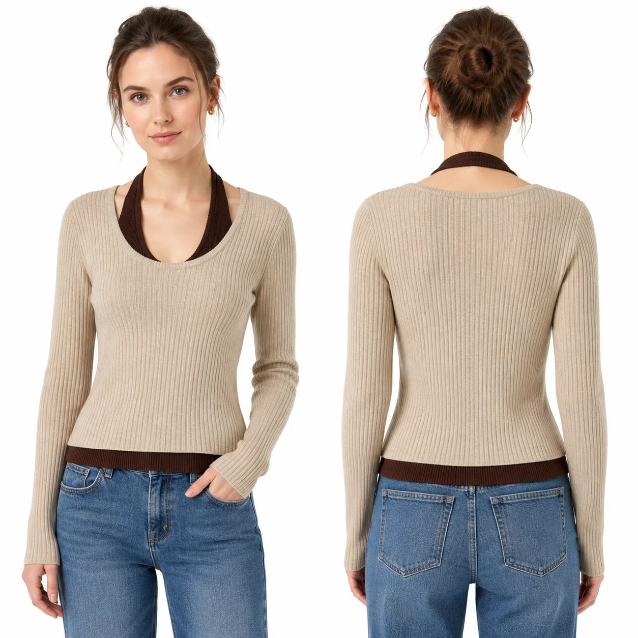 Women’s 2-in-1 Ribbed Knit Slim Fit Top