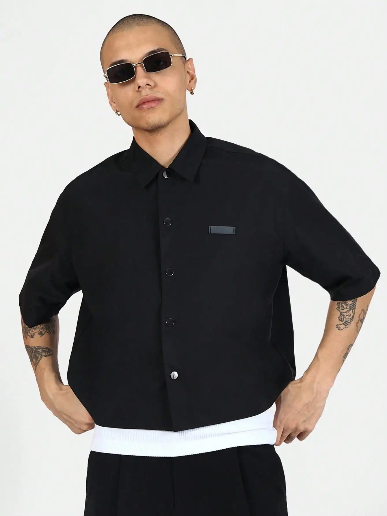 Men Black Button Down Crop shirt