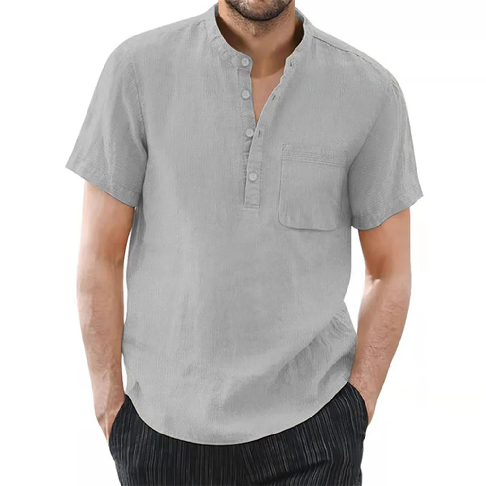 Men Linen Casual Short Sleeve T Shirt