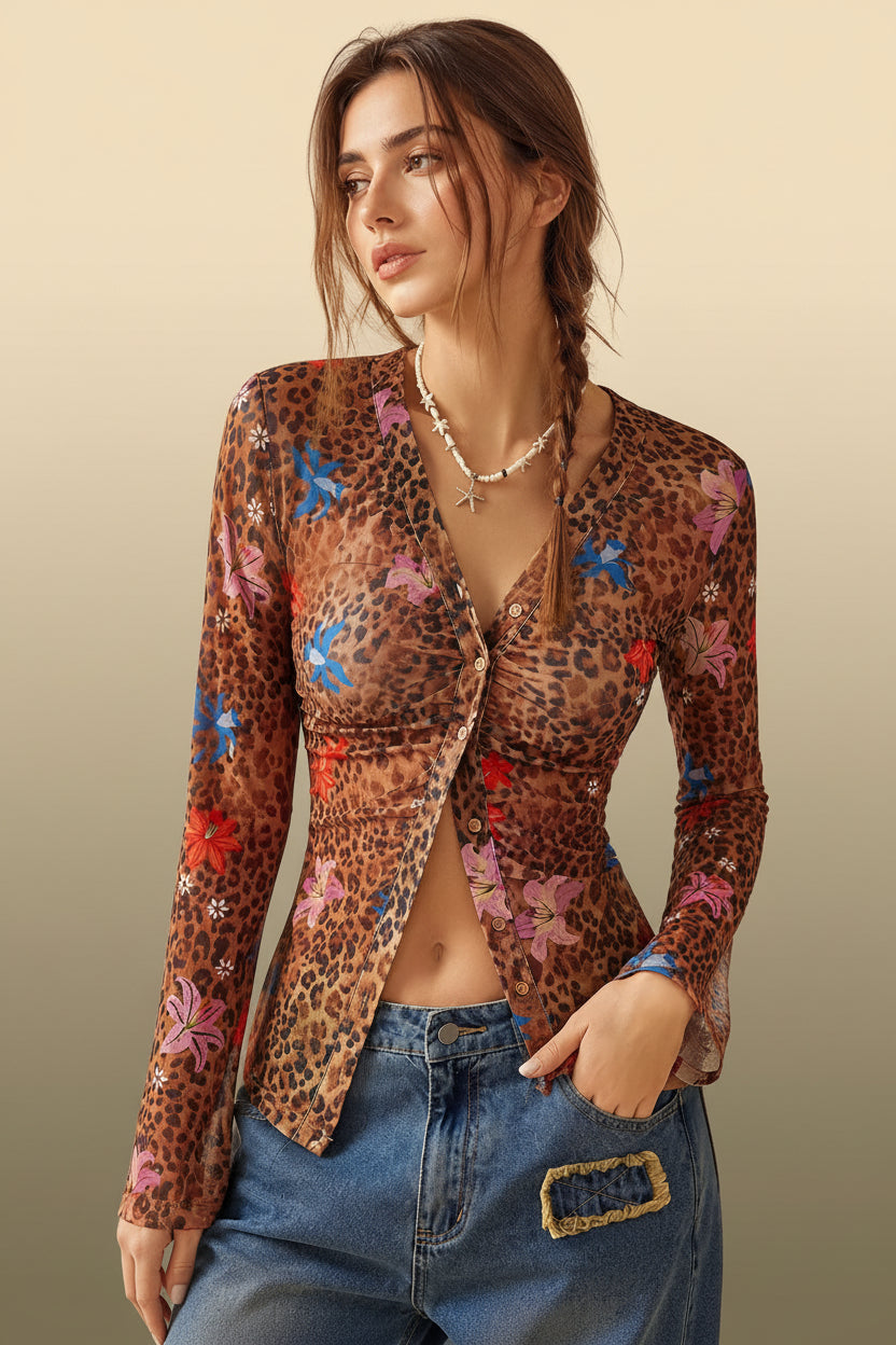Women’s Leopard Print Mesh Bell Sleeve Top