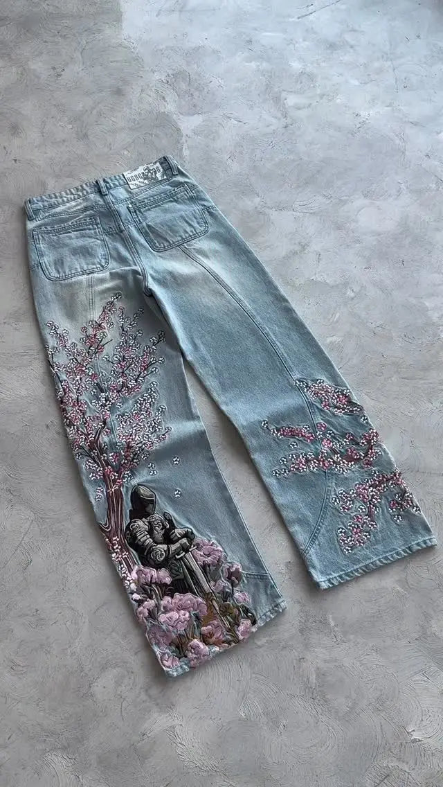 Y2K Cherry Blossom Embroidered Wide-Leg Jeans