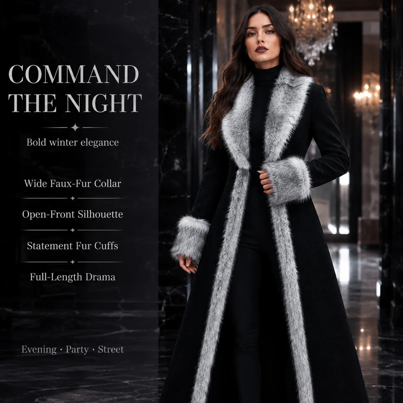 Women’s Black Faux Fur Trim Maxi Coat