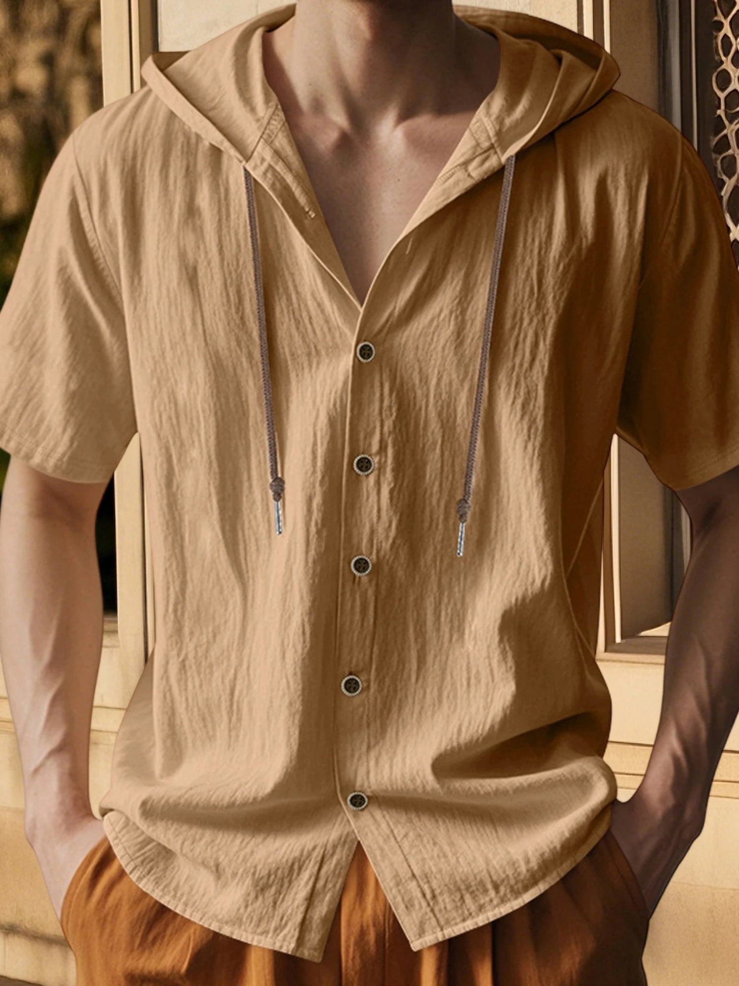 Men Short Sleeve Hooded Button Shirt