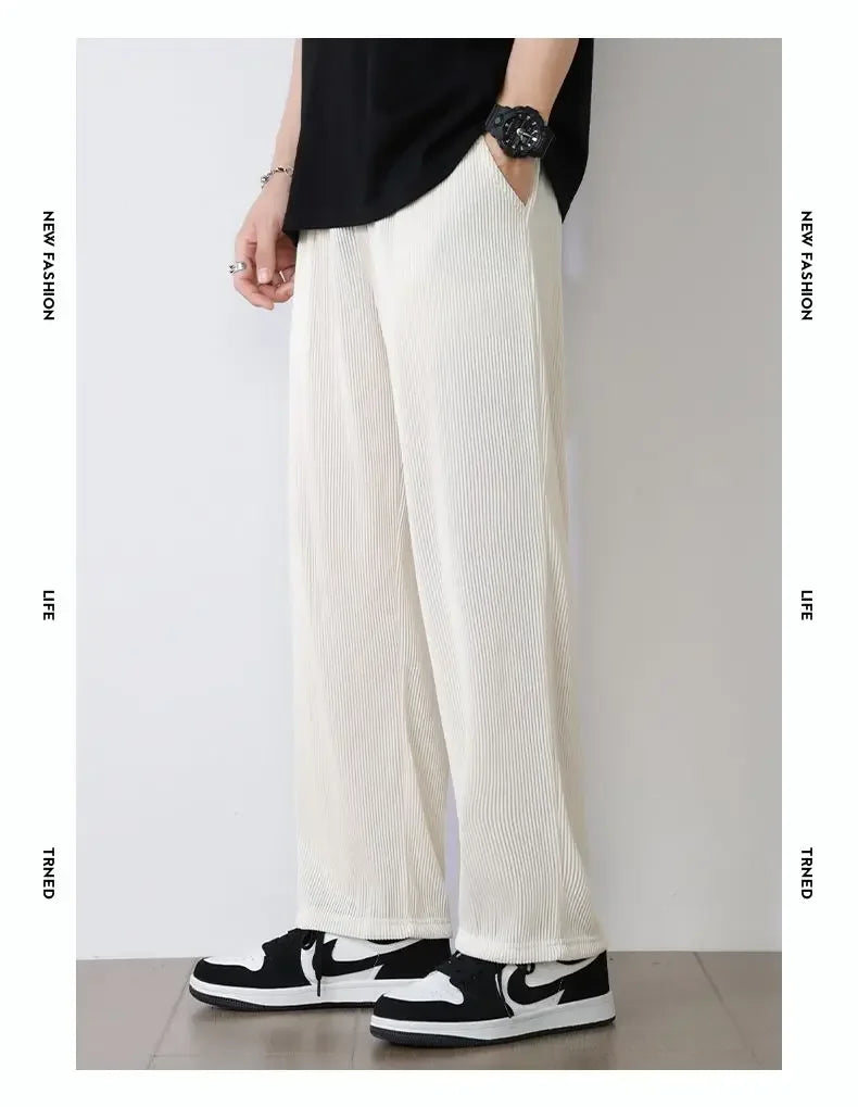 Men’s Summer White Ice Silk Wide-Leg Casual Pants